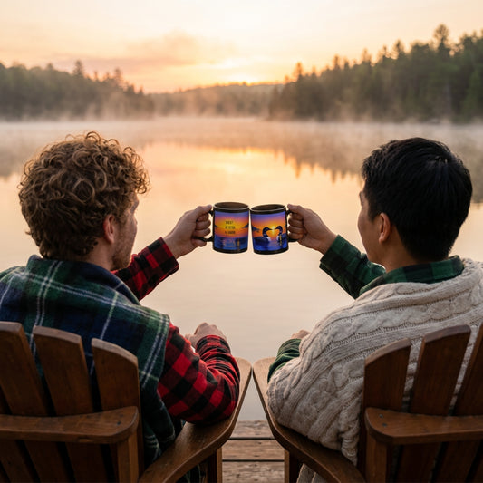 Two people sitting by a lake at sunset, holding mugs with the sunrise loon scenic designs.