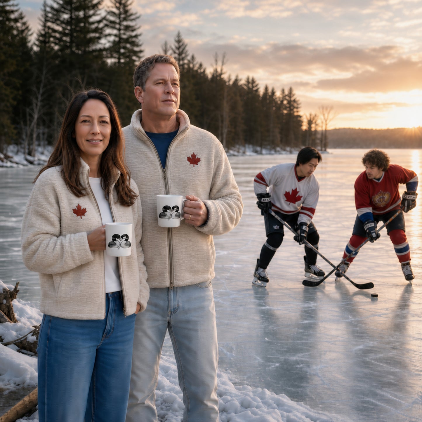 A couple are holding a loon coffee mugs, standing on a frozen lake, with hockey players in the background during sunset.