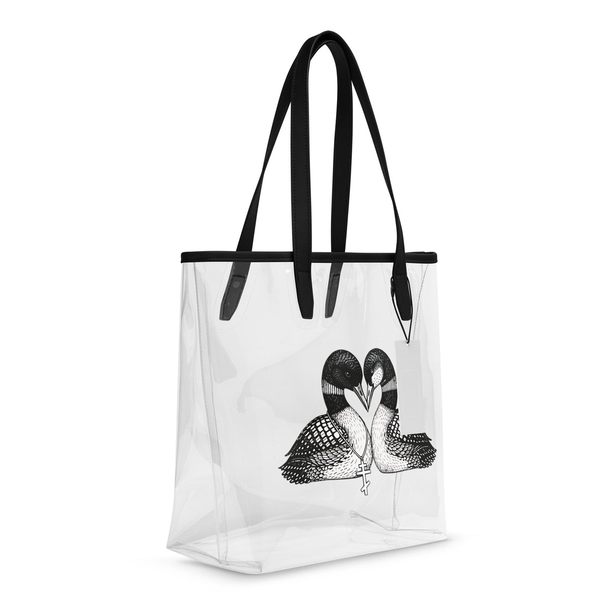 Clear tote bag with black handles and a black and white graphic design on a white background, showing the sturdiness handles of the bag.