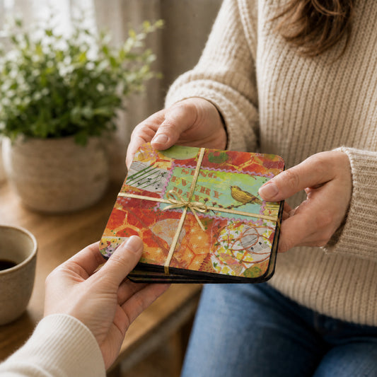 A person in a beige ribbed sweater holds a small wrapped set of art coasters, while another person's hands receive it in a softly lit indoor setting with a plant and cup in the background.