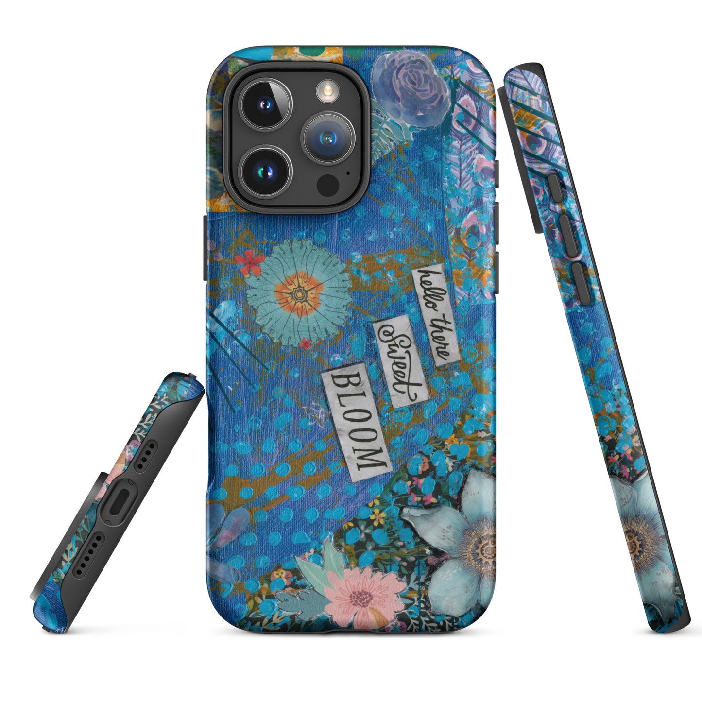 A front, side and bottom image of the blue floral phone case with hello there sweet bloom quote.