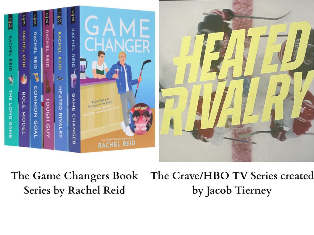 Stack of books in the Game Changers series by Rachel Reid and a screenshot of the show Heated Rivalry by Jacob Tierney