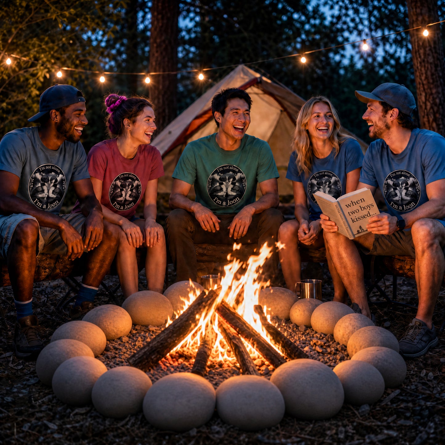 Five joyful friends sitting around a campfire at night in a forest, wearing different colors of the "I'm not alone, I'm a loon" t-shirts while one of the campers reads to the others.