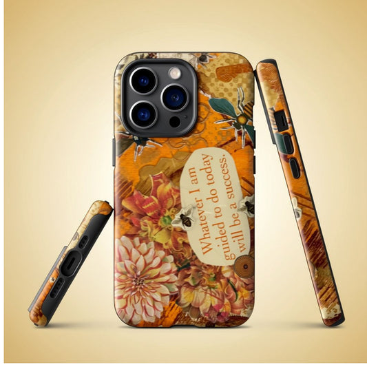 Image showing side, front and bottom views of the bee phone case with honey bee artwork
for iPhone with floral design and motivational quote showing   on a beige background