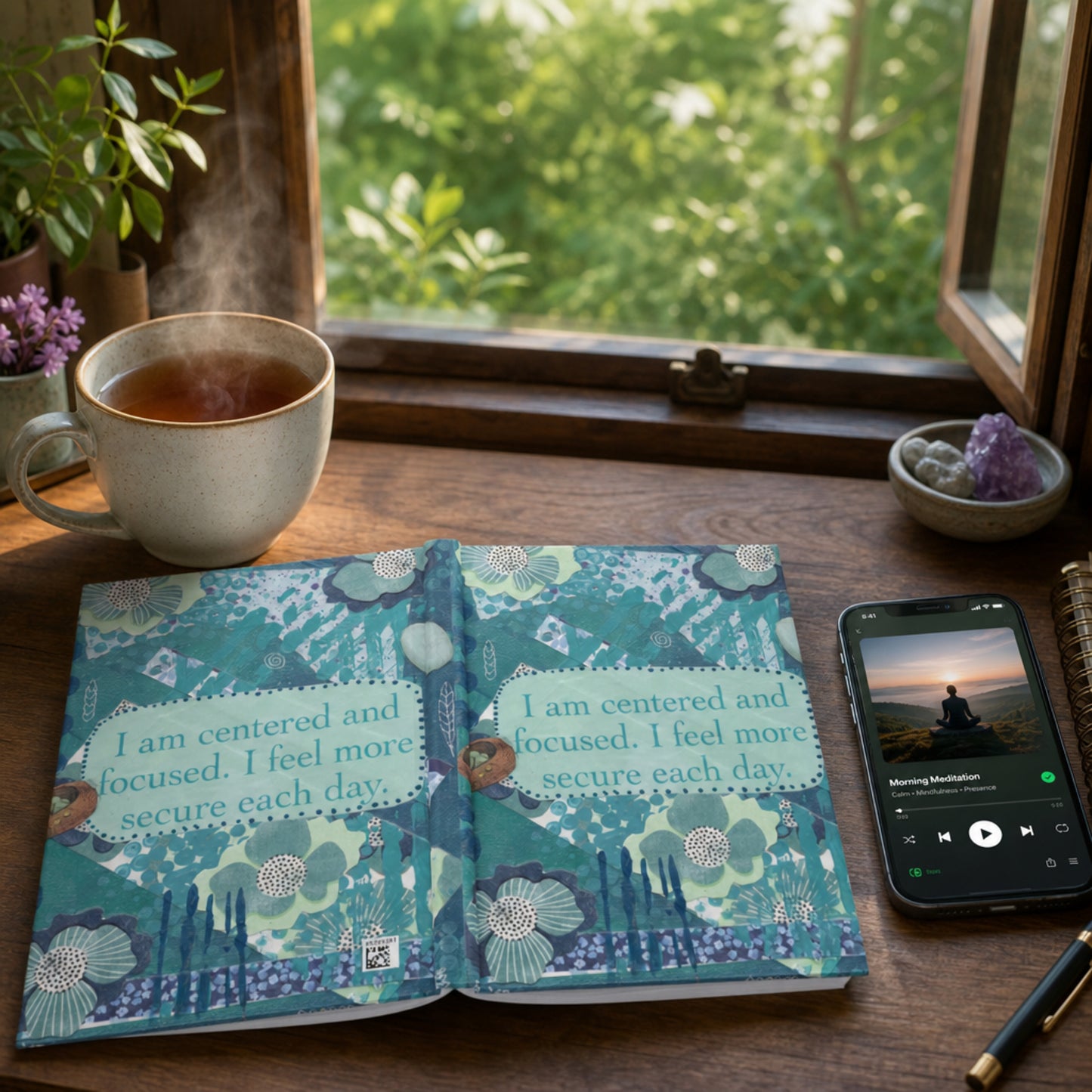 blue floral self worth journal is laying flat on a wooden desk with a hot tea cup, a phone and a pen, window is open showing greenery outside. Both sides and spine of journal are showing.