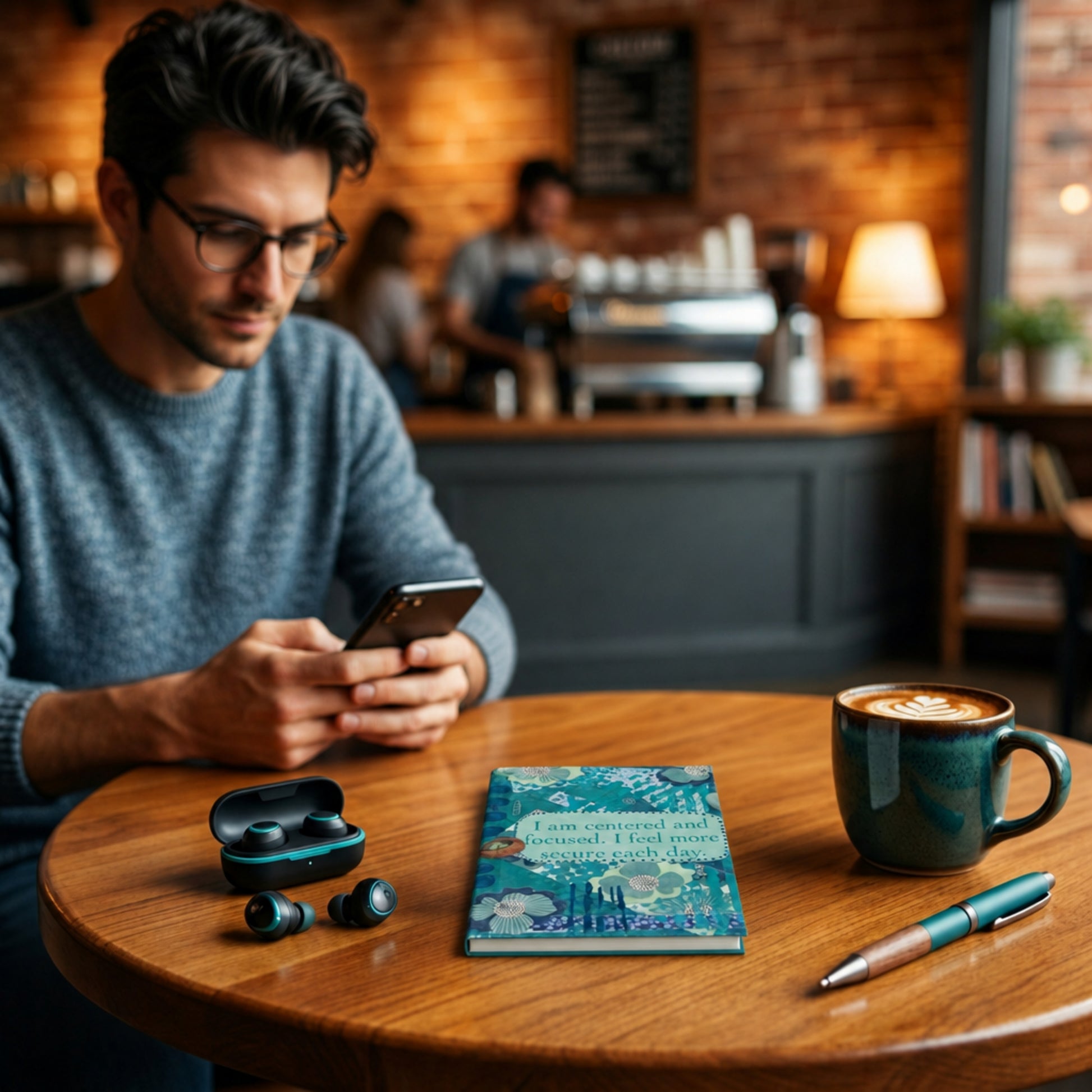 a man in a coffee shop sitting at a table, looking at his phone and on the table sits some earbuds, a latte, pen and the blue floral journal.