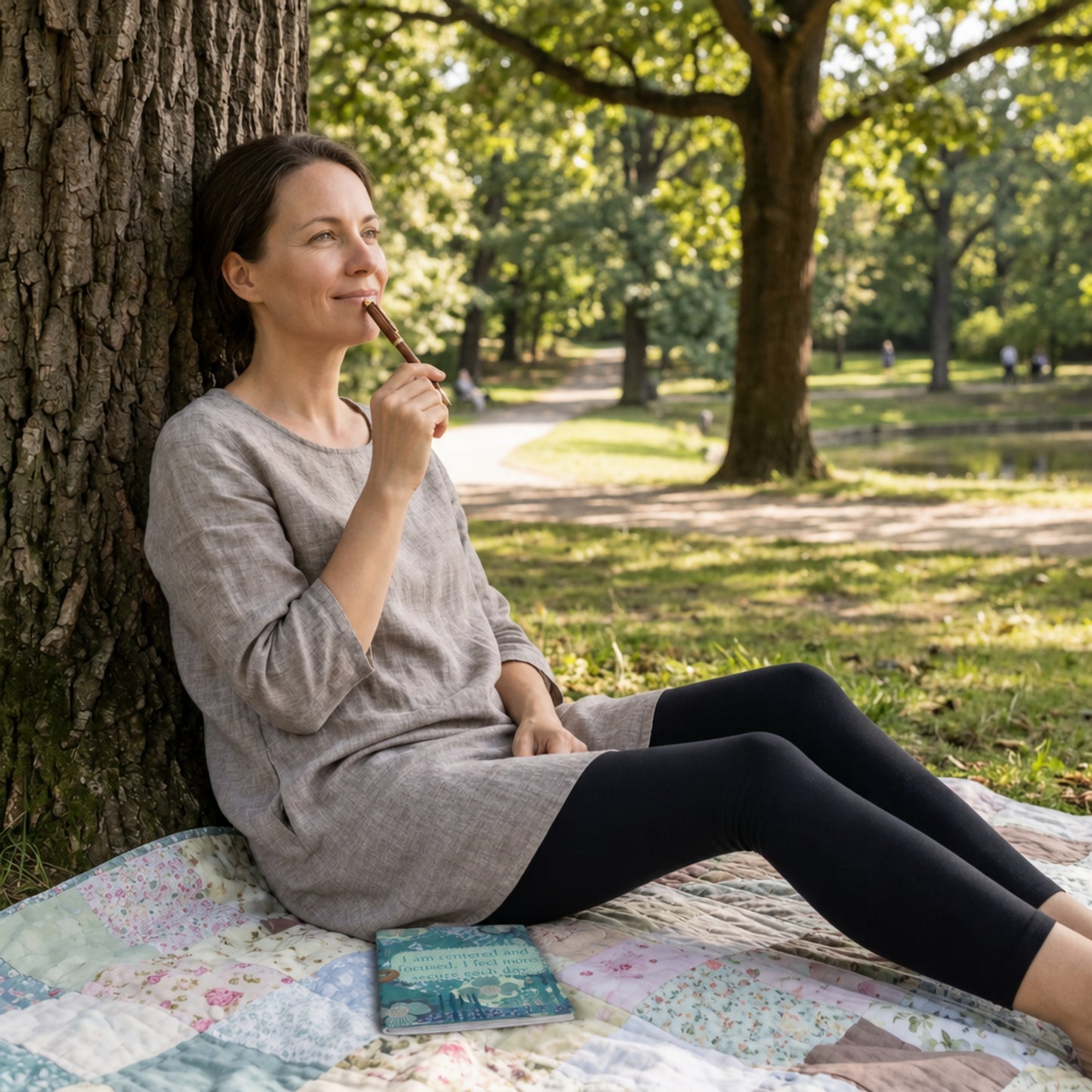 a woman sits against a tree, with a pen in hand, looking out and smiling and has the blue floral journal laying next to her on a blanket.