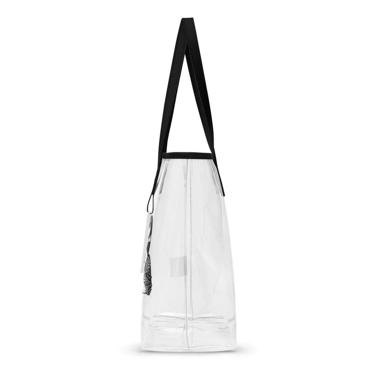 Side view of clear tote bag with black straps on a white background., showing the sturdy stitching.