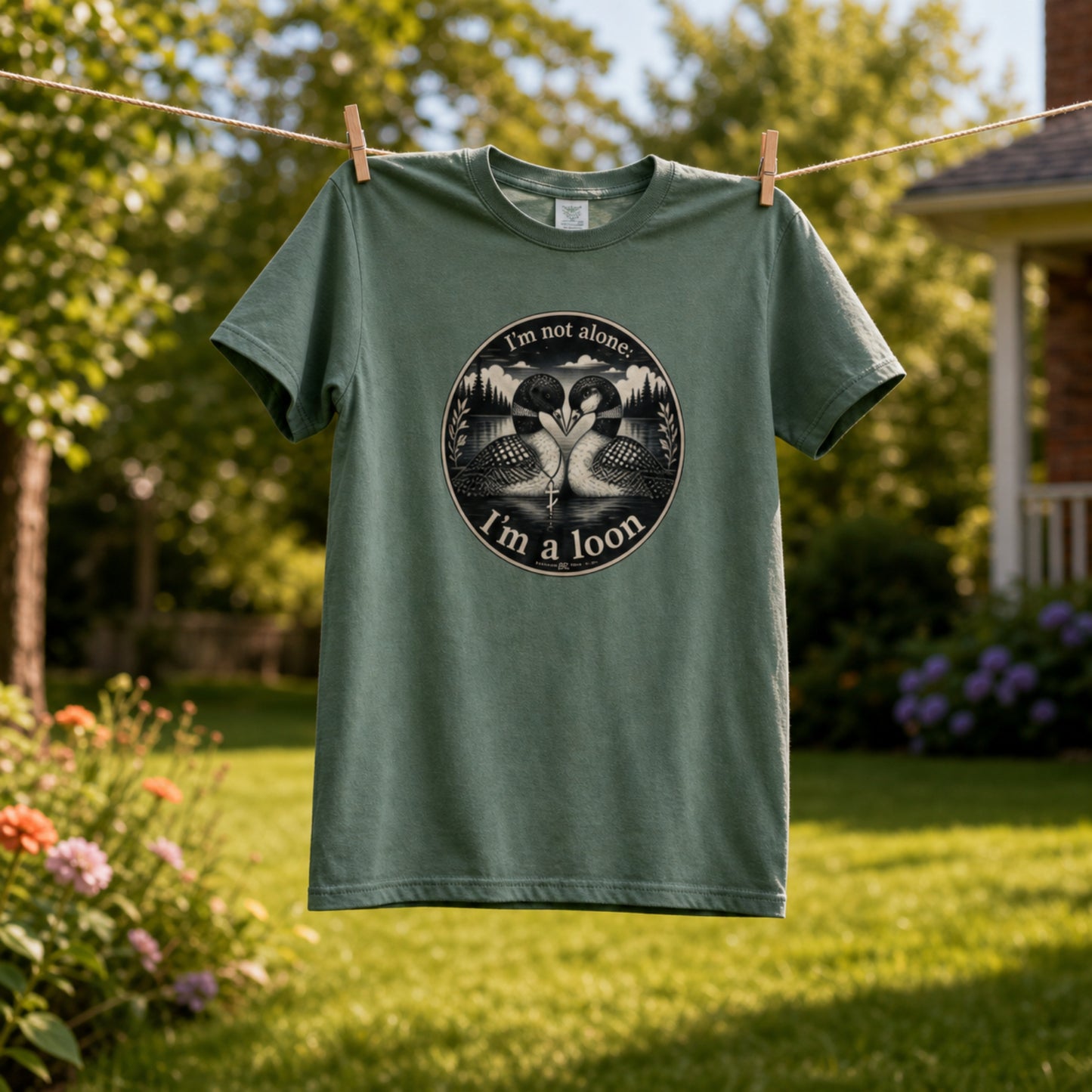 An moss green short-sleeve t-shirt hanging on a clothesline in a sunny backyard. The shirt features a circular black graphic print in the center showing two loons facing each other, with the text 'I'm not alone' above and 'I'm a loon' below.