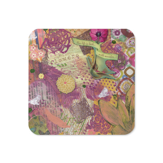 image of a drink coaster with an image of colorful mixed media art on it including flowers and hummingbird.