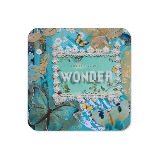 Full of Wonder Whimsical Art Coaster with glossy finish and cork backing.
