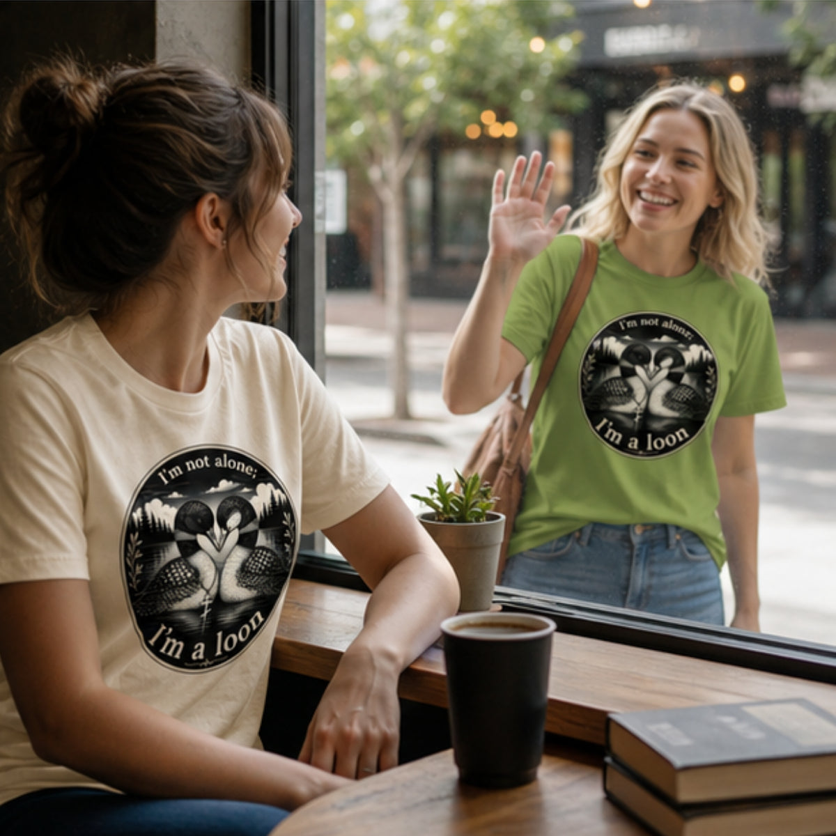 Two women wearing different colors of the women's graphic T-shirts in a cafe setting. The shirt design features a black circular graphic of a loon with the text "I'm not alone ; i'm a loon"