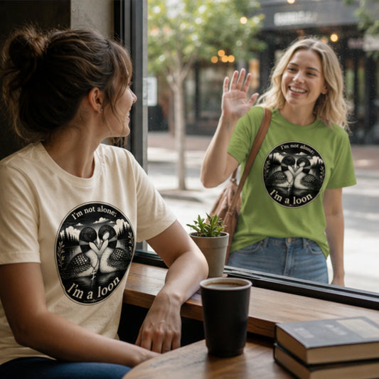 Two women wearing different colors of the same T-shirts in a cafe setting. The shirt design features a black circular graphic of a loon with the text "I'm not alone ; i'm a loon"