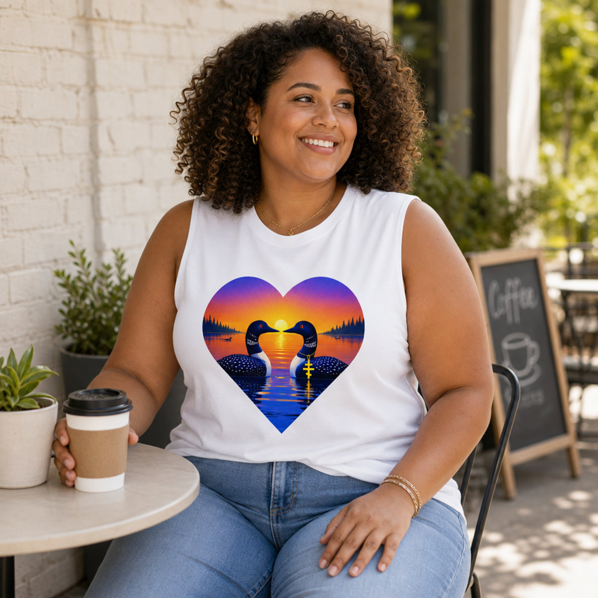 A smiling woman with curly hair sits at a cafe table wearing a white sleeveless tank top with a colorful heart-shaped graphic of two loons facing each other in a lake at sunrise. She is holding a coffee cup next to a small table, with a brick wall and cafe background.
