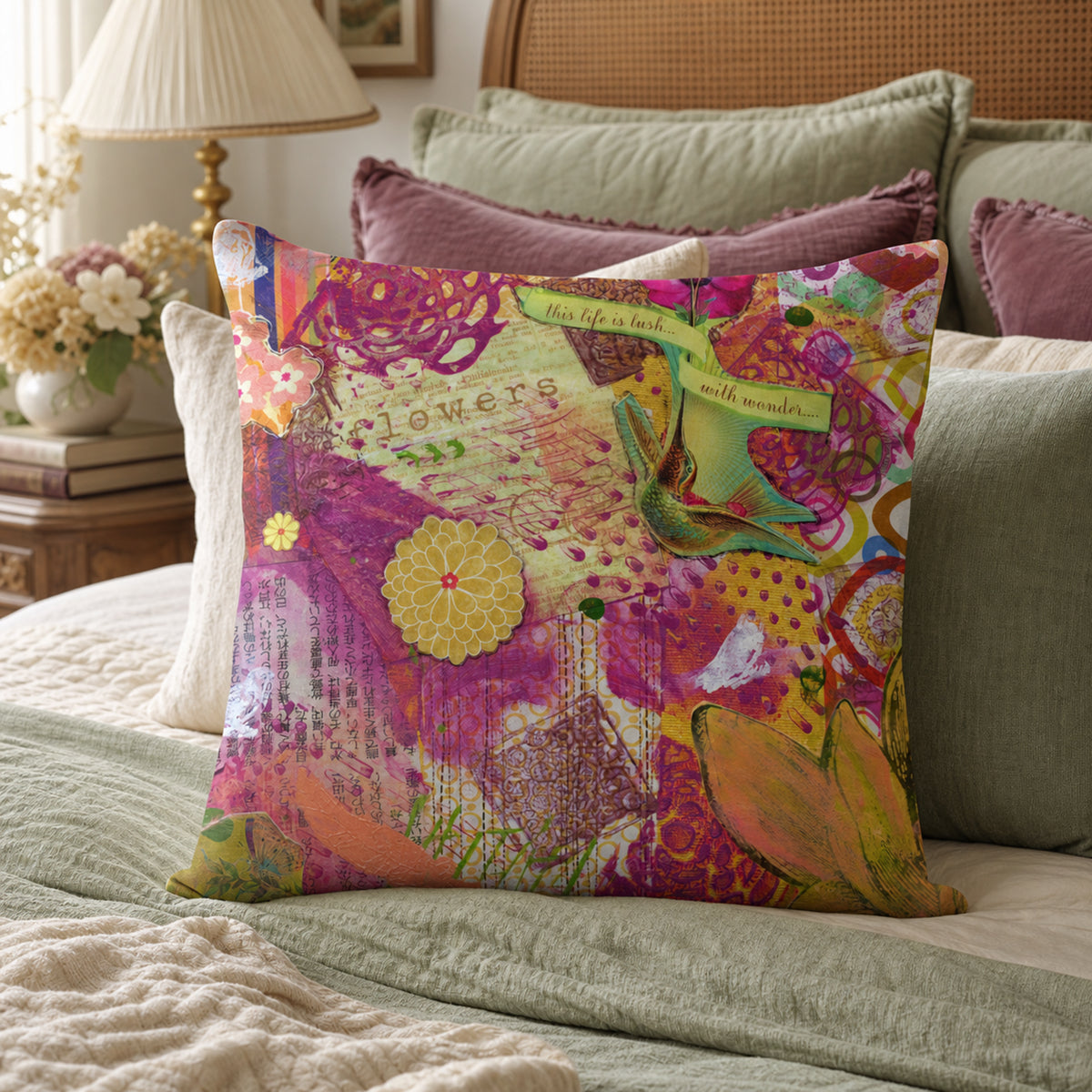 A square decorative throw pillow with a colorful abstract floral and bird collage print, styled on a bed with green and purple pillows in a bedroom setting.