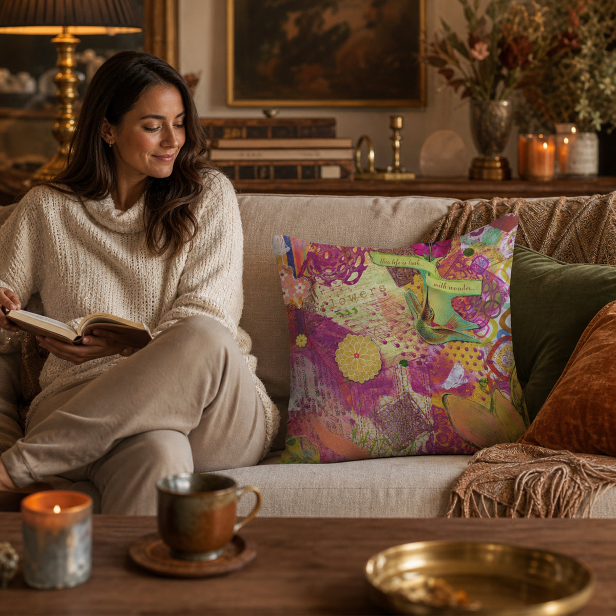 A woman sits on a beige sofa in a cozy living room, reading an open book. A floral hummingbird throw pillow is prominently displayed on the sofa next to other decorative pillows and candles.