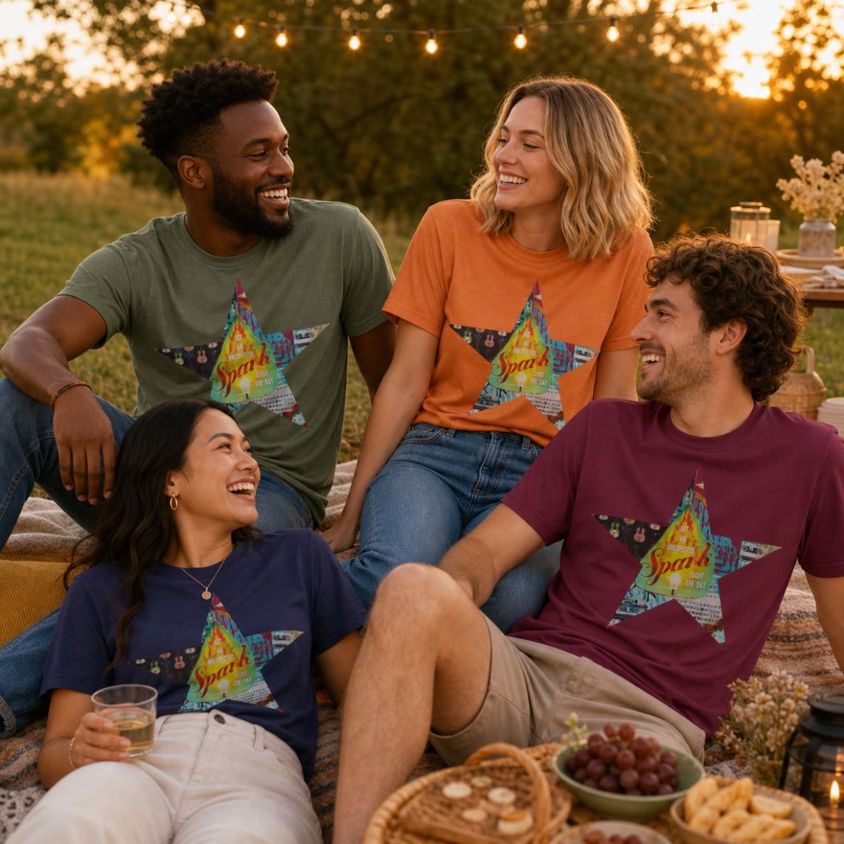 Four people laughing together outdoors at sunset wearing matching Star tee shirts with a colorful mixed-media star design and the words spark of inspiration in the center. The shirts are in olive green, heather autumn, heather midnight navy and maroon.