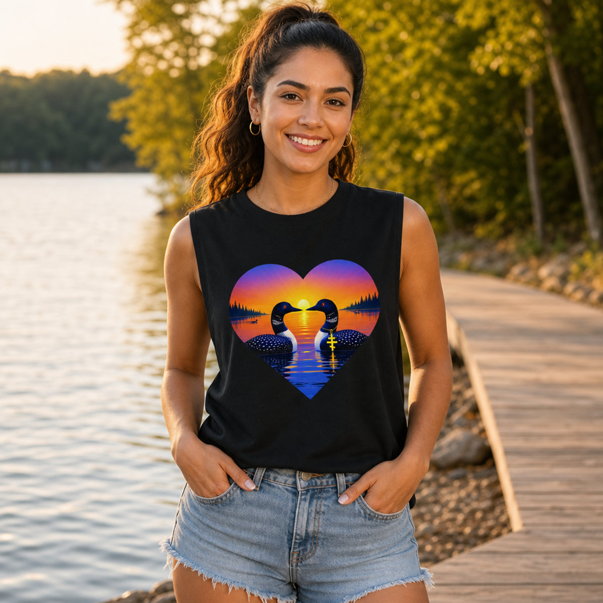 A woman stands on a wooden boardwalk beside a lake at sunset wearing a black sleeveless tank top with a heart-shaped graphic of two loons facing each other in water, surrounded by colorful sky and trees.