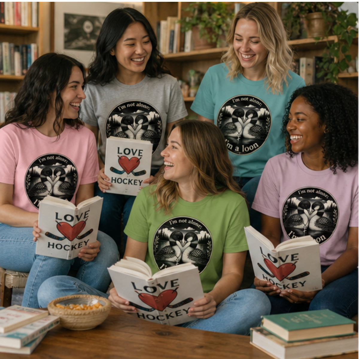 Five women sitting and standing together in a cozy indoor room, each wearing a different pastel-colored women's graphic T-shirt with a black-and-white loons and the words 'I'm not alone; I'm a loon'. each is holding a book that says 'LOVE HOCKEY.' on the cover.