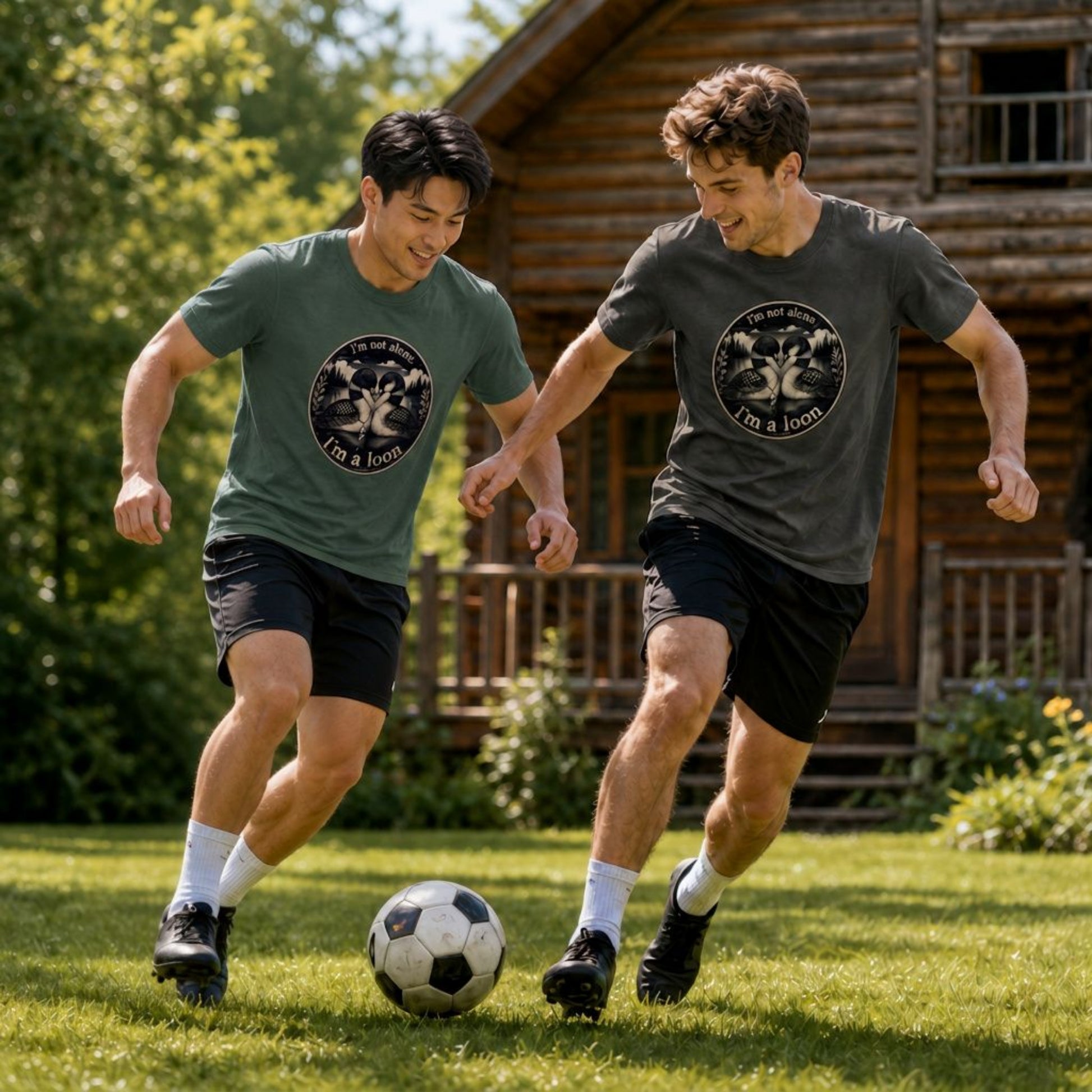 Two men playing with a soccer ball on a grassy lawn in front of a rustic wooden cabin. Both are wearing the graphic t-shirts two loons design and the text 'I'm not alone; I'm a loon'. Left shirt color is Blue Spruce, Right is Pepper.