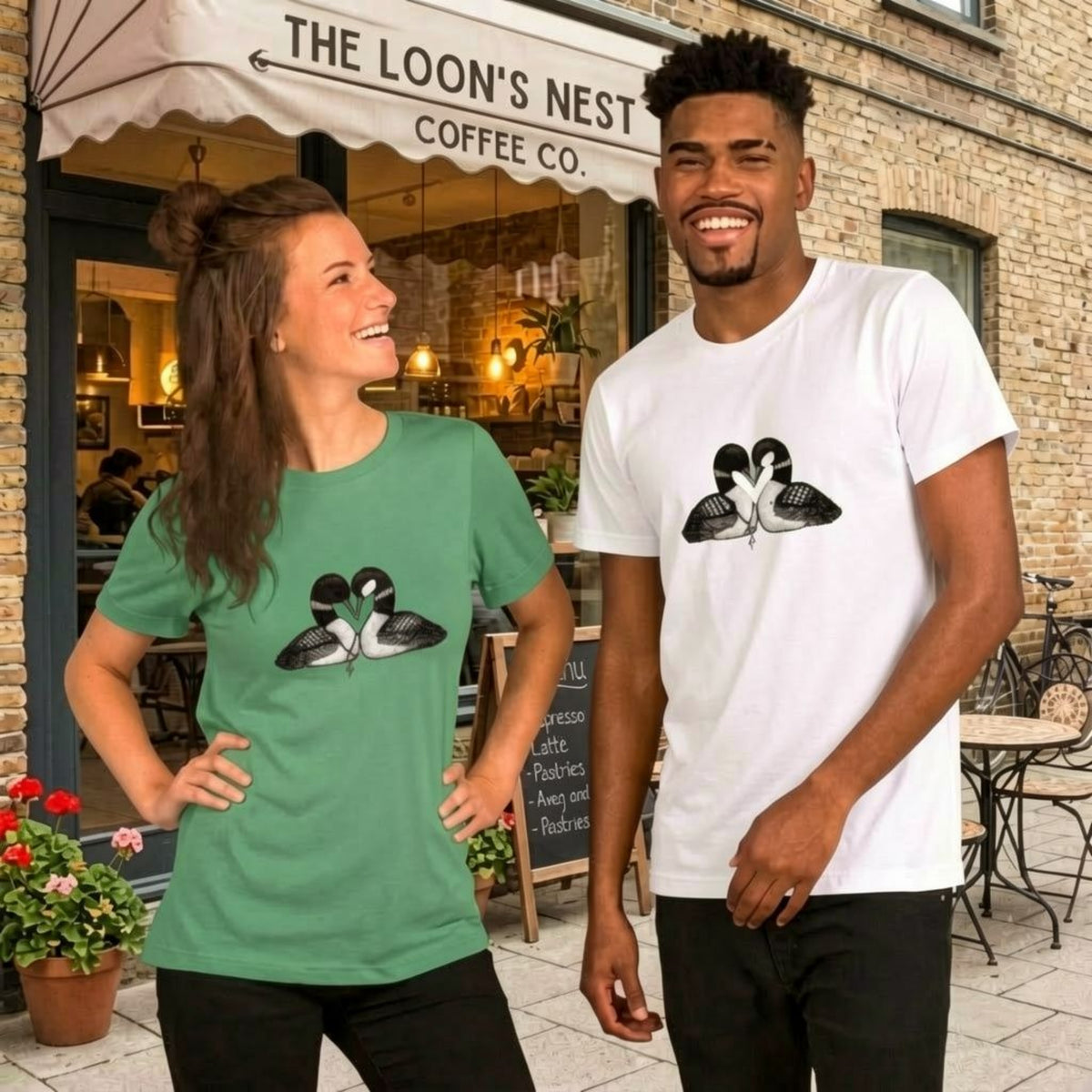 Two people standing in front of a coffee shop, each wearing a loon-t-shirt, one is white and one is green.