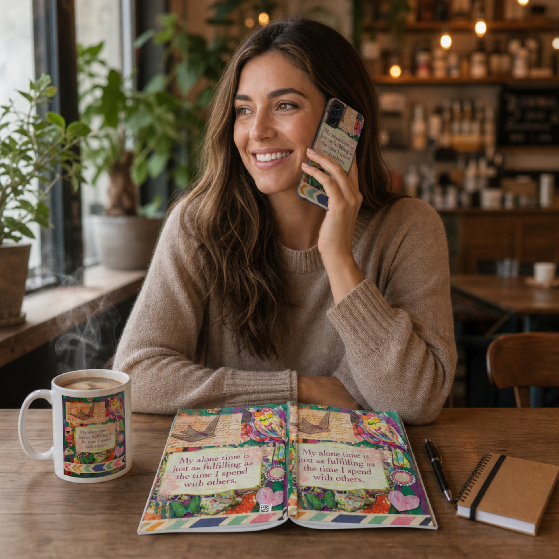 Woman sitting at a table in a cafe, talking on her phone which matches the colorful affirmation journal that lays on table showing both sides. There is also a matching coffee cup in front of her.