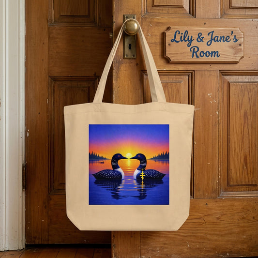 Natural colored tote bag  hanging on door knob. It has a colorful design of two loons facing each other on lake at sunrise.