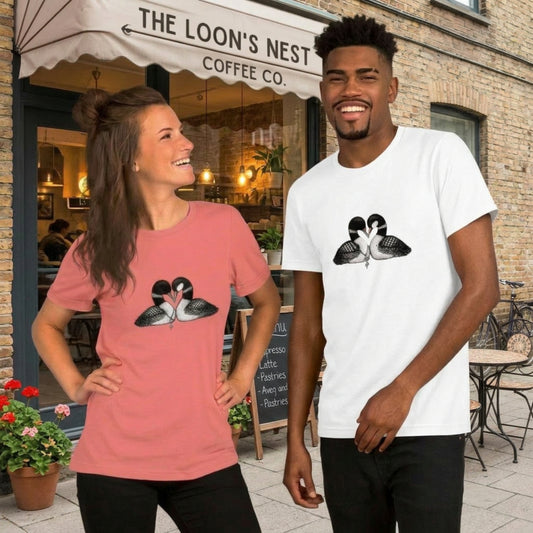Two people wearing t-shirts with loon designs in front of a coffee shop.
