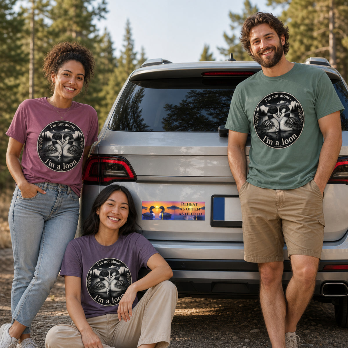 3 people wearing t-shirts with loons in different colors, lean against a car that displays a colorful 10 by 3 car bumper magnet showing two loons on a sunset lake with golden reflections and the words “Reheat as Often as Needed.”
