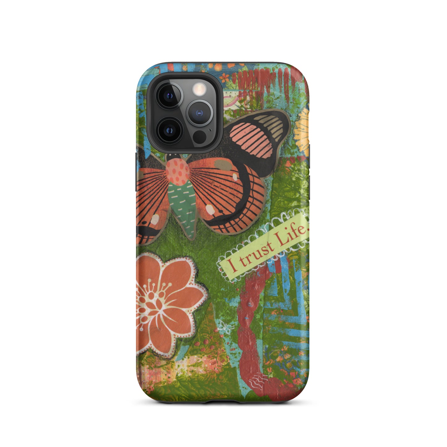artistic butterfly phone case with orange flower and yellow flower
and words " I Trust Life" on the iPhone case.