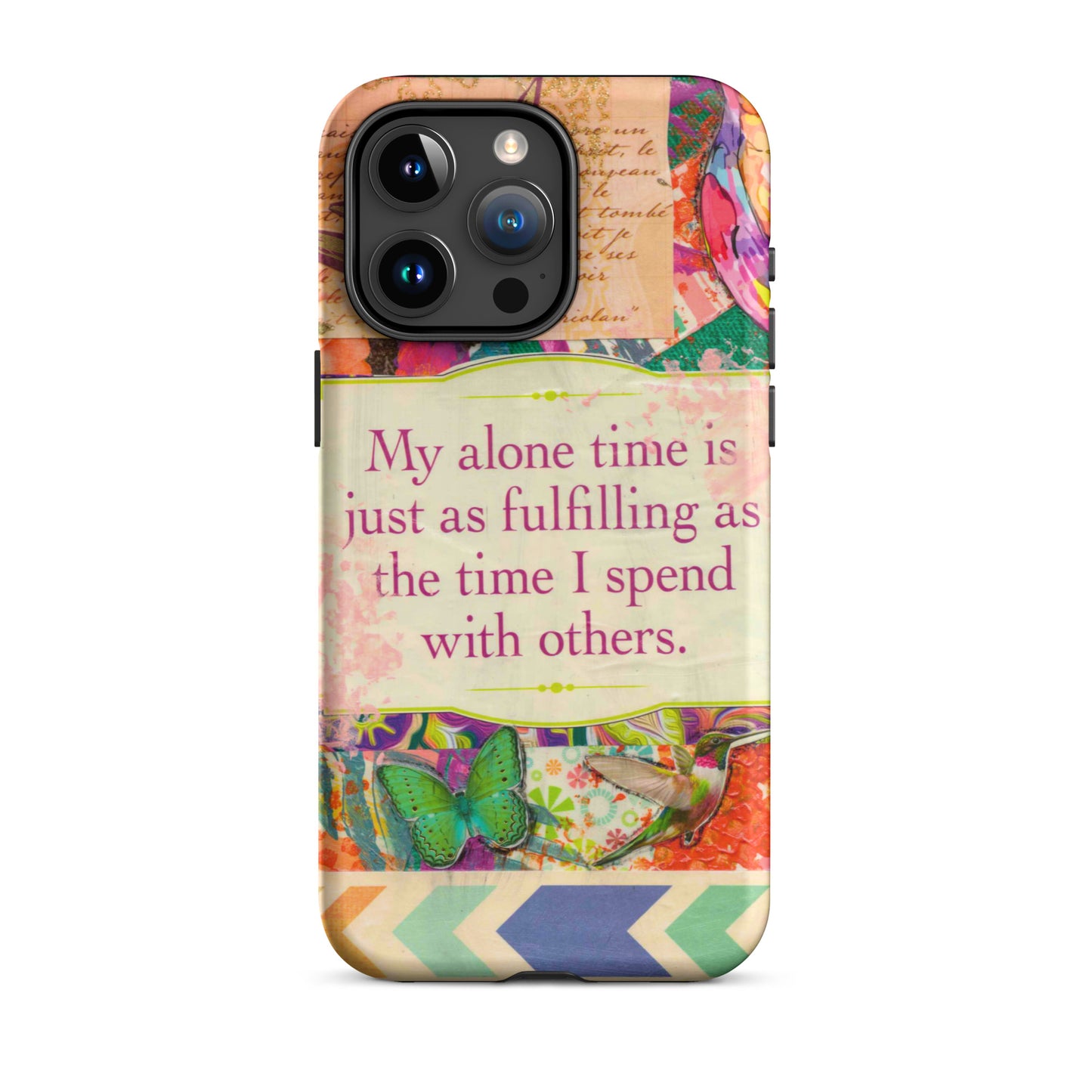 Colorful iPhone cover with birds, butterflies and a mantra on it