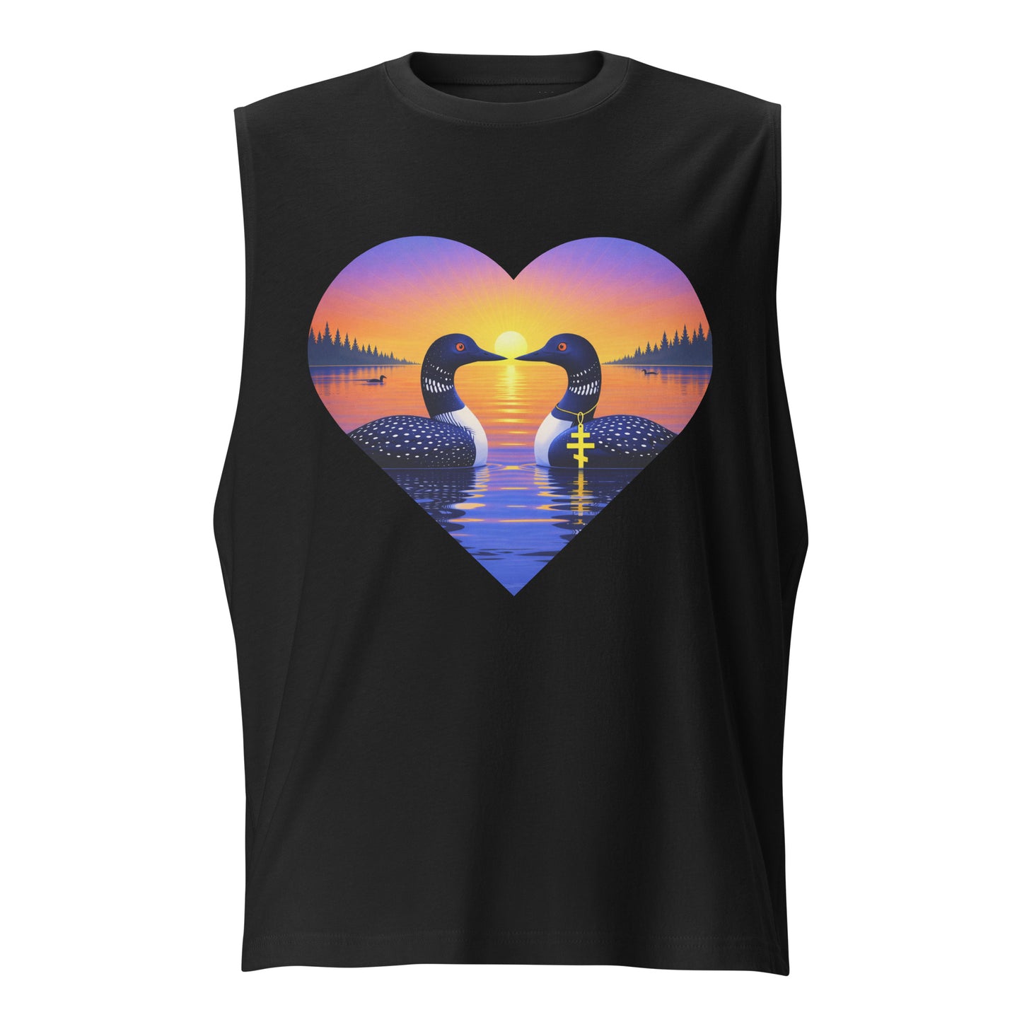 Sunrise loon muscle tee with a heart-shaped lake sunrise design on a unisex cotton shirt.