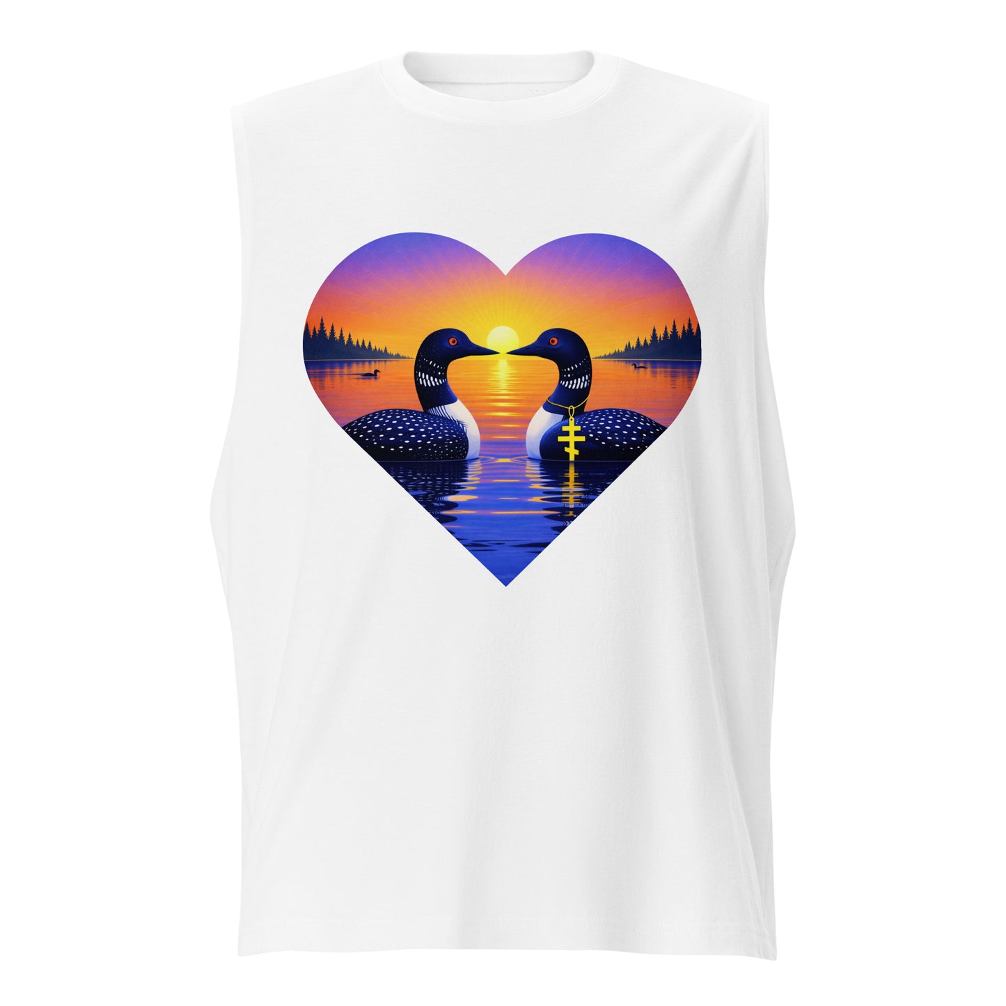 Sunrise loon muscle tee with a heart-shaped lake sunrise design on a unisex cotton shirt.