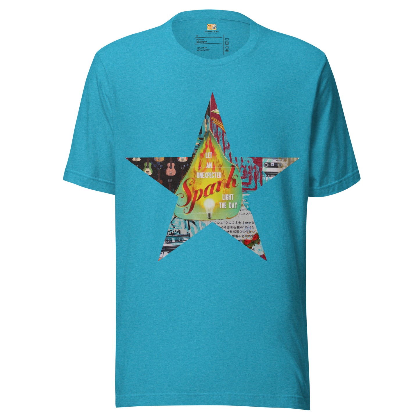 Star tee shirt in heather aqua with a colorful mixed-media star design and the words spark of inspiration on a soft unisex t shirt.
