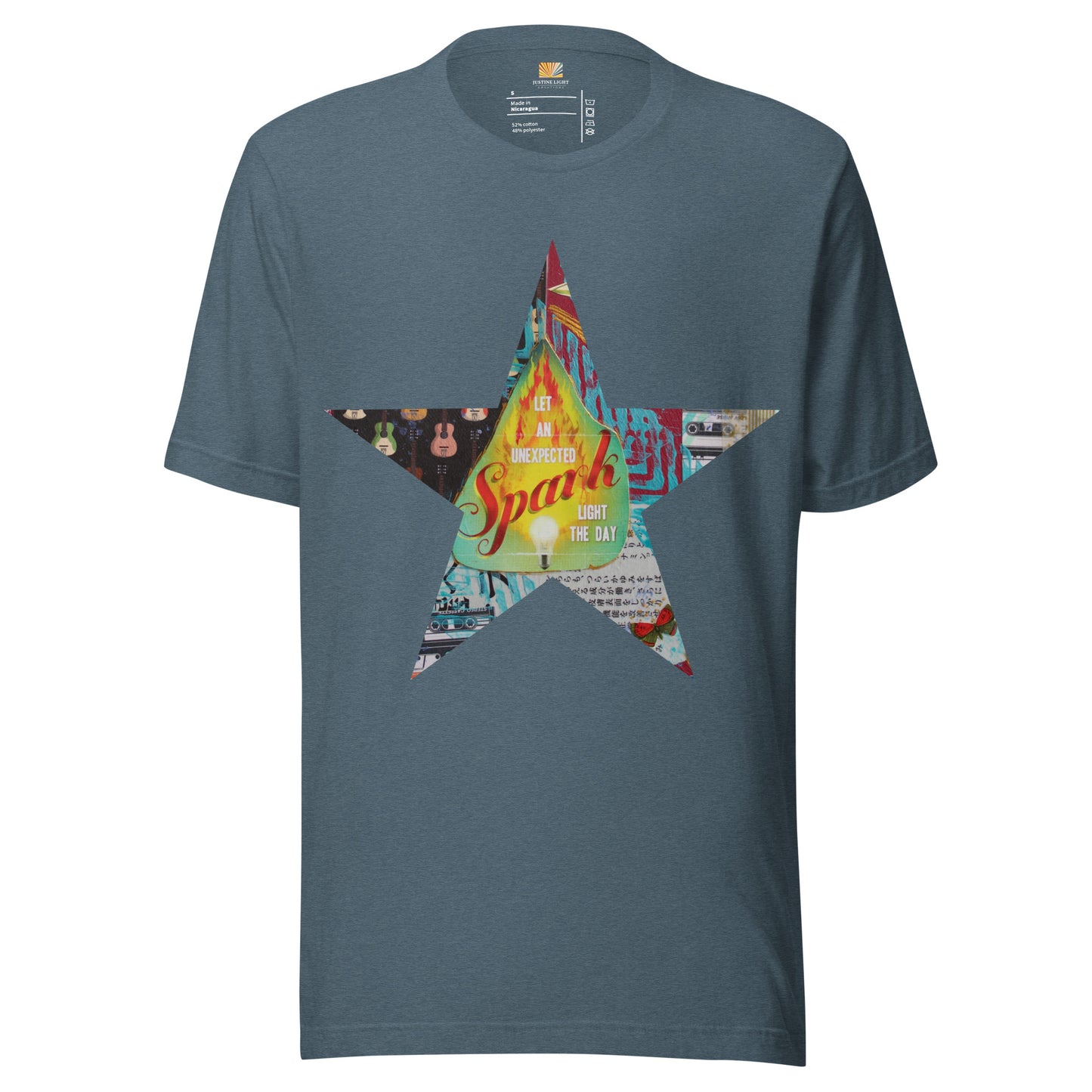 Star tee shirt in heather slate with a colorful mixed-media star design and the words spark of inspiration on a soft unisex t shirt.
