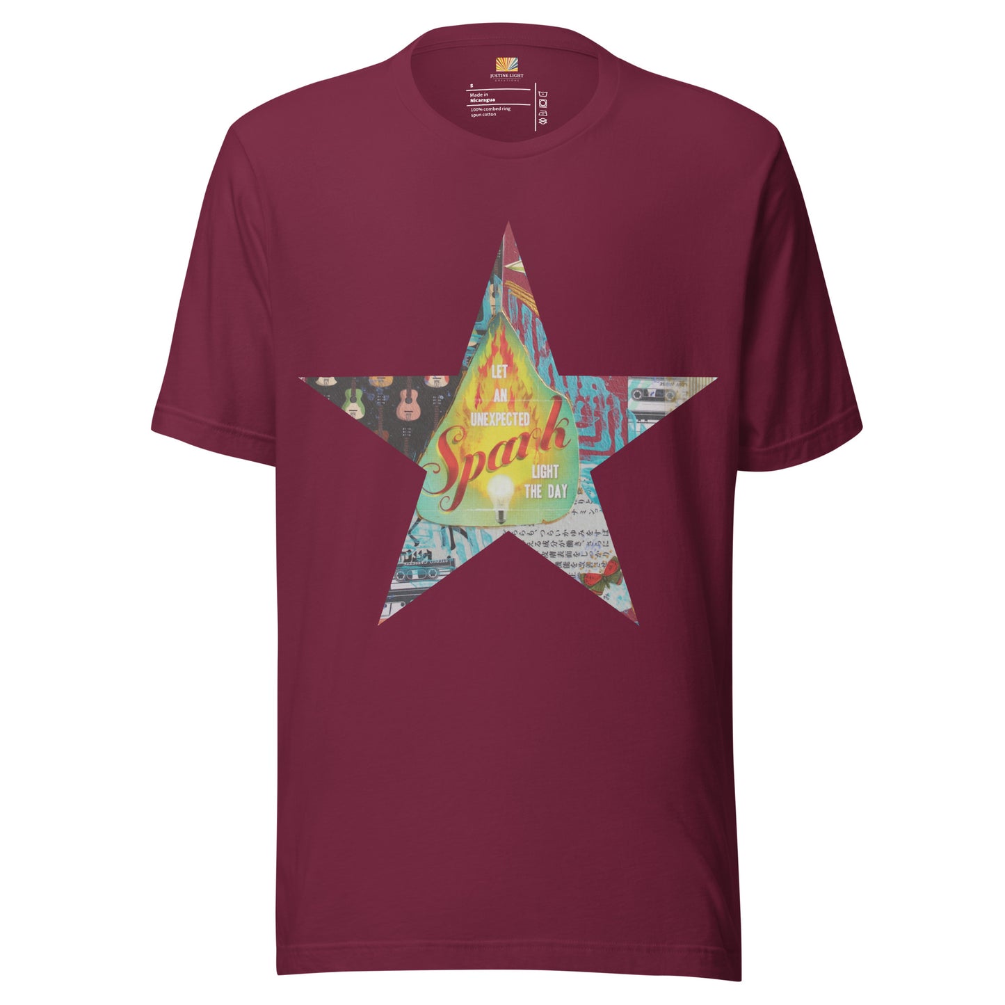 Star tee shirt in maroon with a colorful mixed-media star design and the words spark of inspiration on a soft unisex t shirt.
