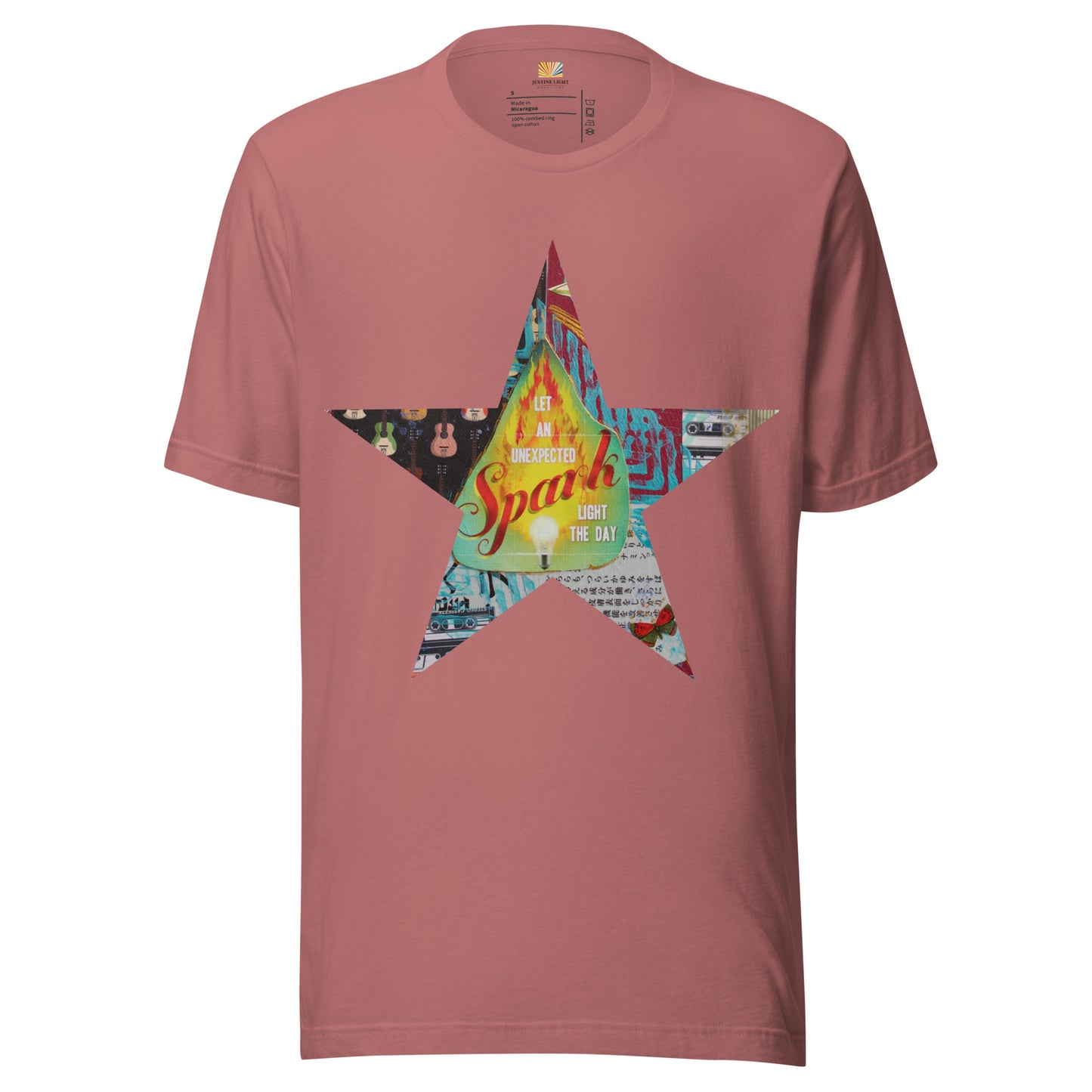 Star tee shirt in mauve with a colorful mixed-media star design and the words spark of inspiration on a soft unisex t shirt.
