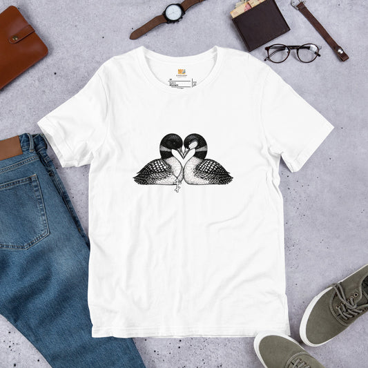 white t-shirt with a black and white graphic of 2 loons with beaks together forming a heart, one loon wears a Russian orthodox cross around it's neck, the other loon has freckles on it's face.