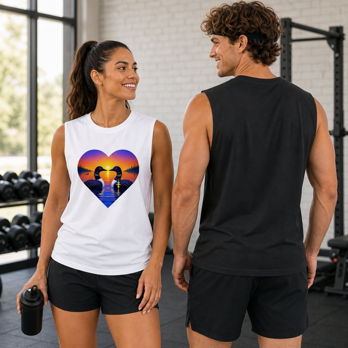A man and a woman standing in a gym, wearing matching white and black sleeveless athletic shirts. The woman's shirt features a colorful heart-shaped graphic of two loons against a sunrise.